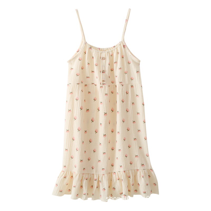 Cotton Crepe Nightgown Women's Cotton Yarn Summer Comfortable Home Dress Slip Skirt Pajamas Cotton Loose Long Dress