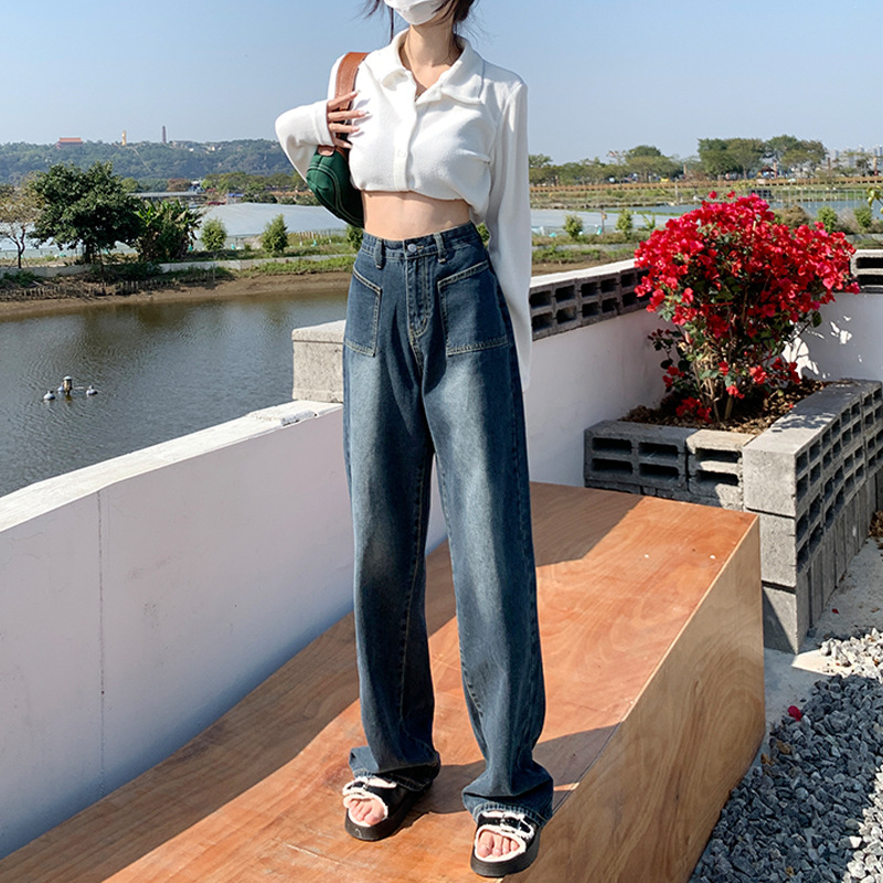 Picture of Hong Kong Style Retro Straight Loose Jeans Women's Spring and Autumn 2023 New High Waist Slimming Wipe Wide Leg Floor Pants
