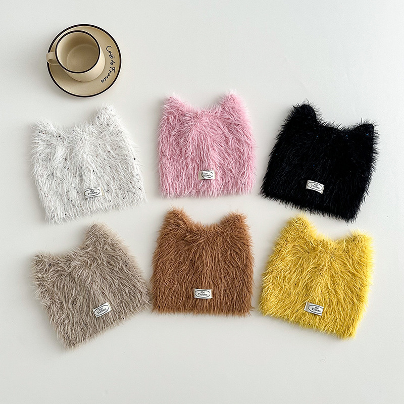 Children's Hat Sweet Cute Cat Ear Plush Wool Hat Autumn and Winter Ear Protection Hat All-match Warm Knitted Pullover Cap