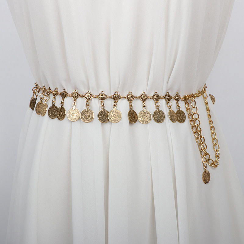 Retro ethnic style waist chain accessories women's decorative skirt round coin tassel chain belt jeans metal chain