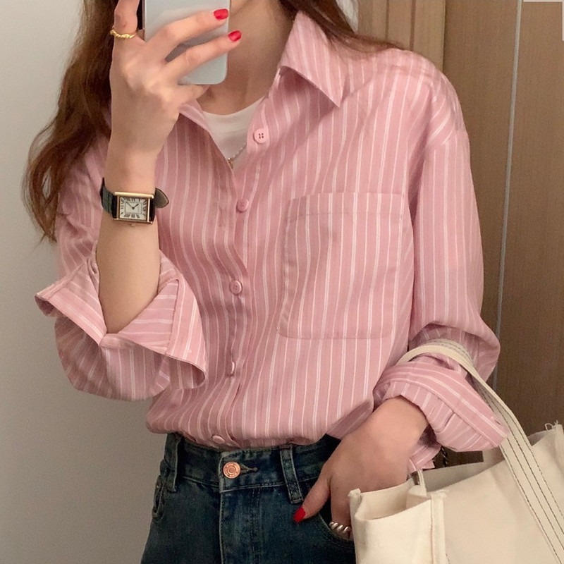 Pink Striped Shirt Blue Casual Long Sleeve Design Top Niche 2024 French New Overlapping Shirt