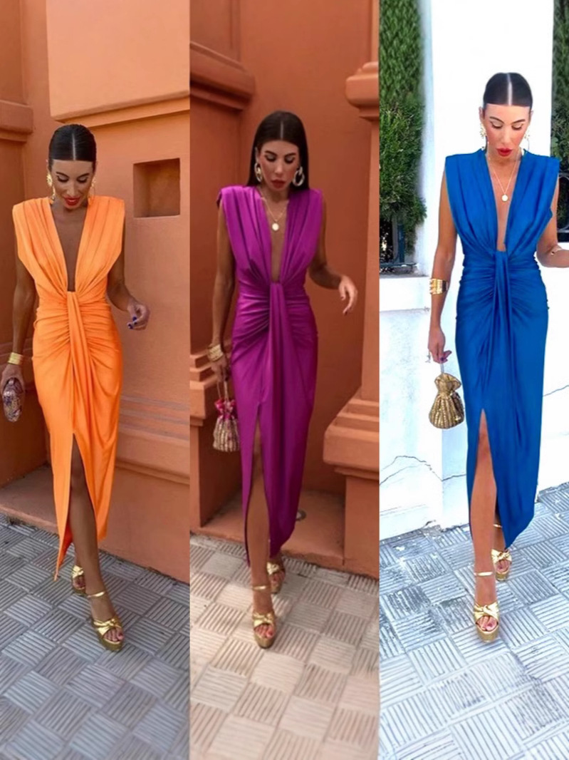 Cross-border European and American style AliExpress foreign trade women's three-color satin sleeveless V-neck pleated dress