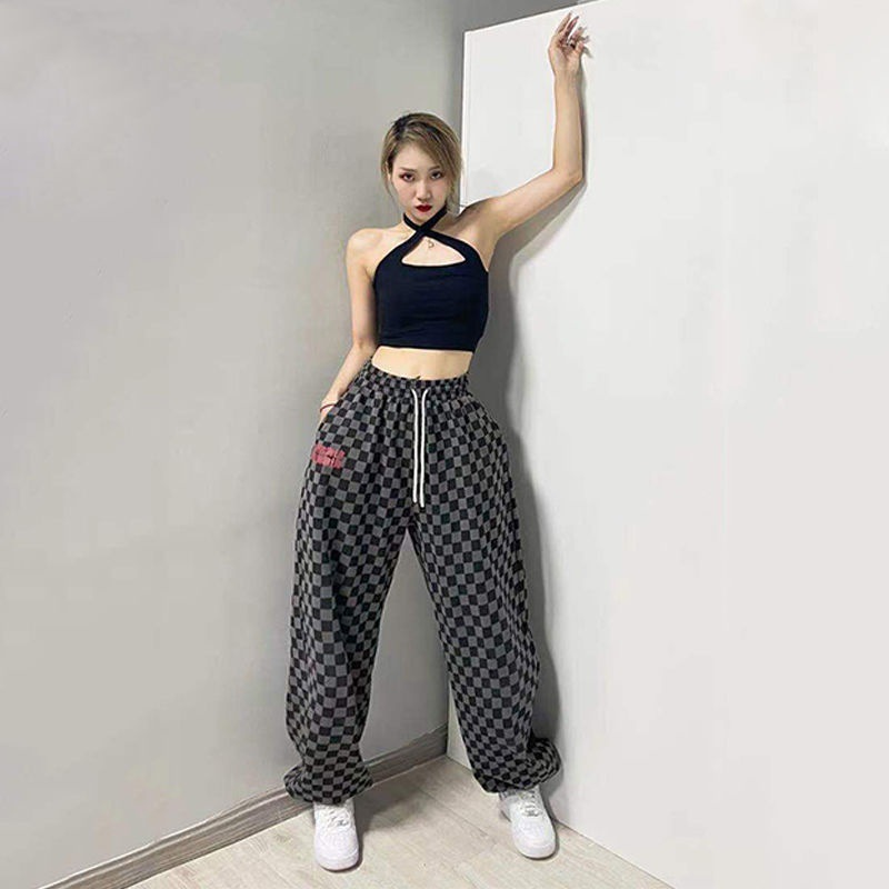 Picture of Black and White Chessboard Plaid Pants Women's Hip-hop 2024 Loose Wide-leg Trendy Jazz Dance Casual Sports Pants High Street Trendy