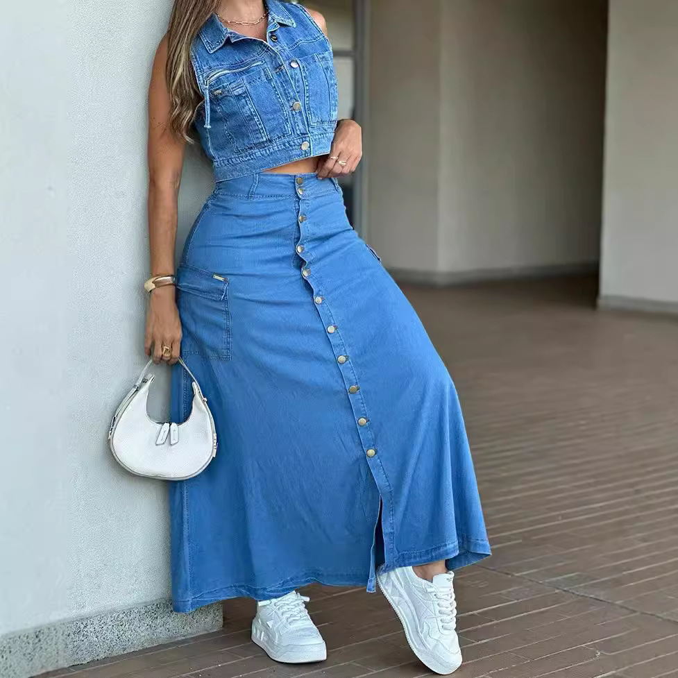 Picture of European and American women's high waist skirt Amazon cross-border women's fashion single row button slit large pocket denim skirt