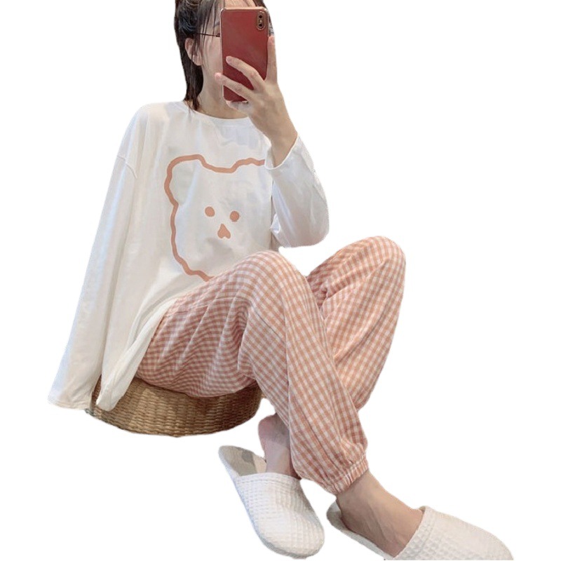 2024 Spring and Autumn Pajamas Women's New Style Pure Color Simple Striped Casual Mid-Sleeve Home Clothes suit Nightgown
