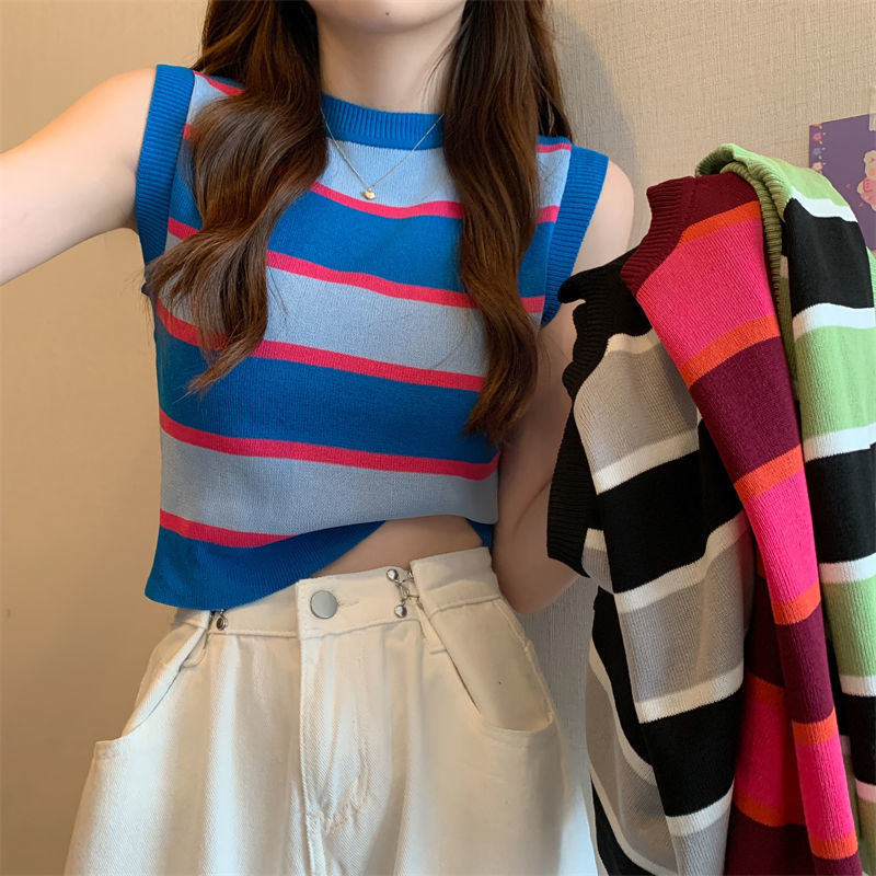 Striped Knitted Vest Suspender Women's Summer 2025 New Style Inner and Outer Wear Short Sports Sleeveless Top Ins Trend