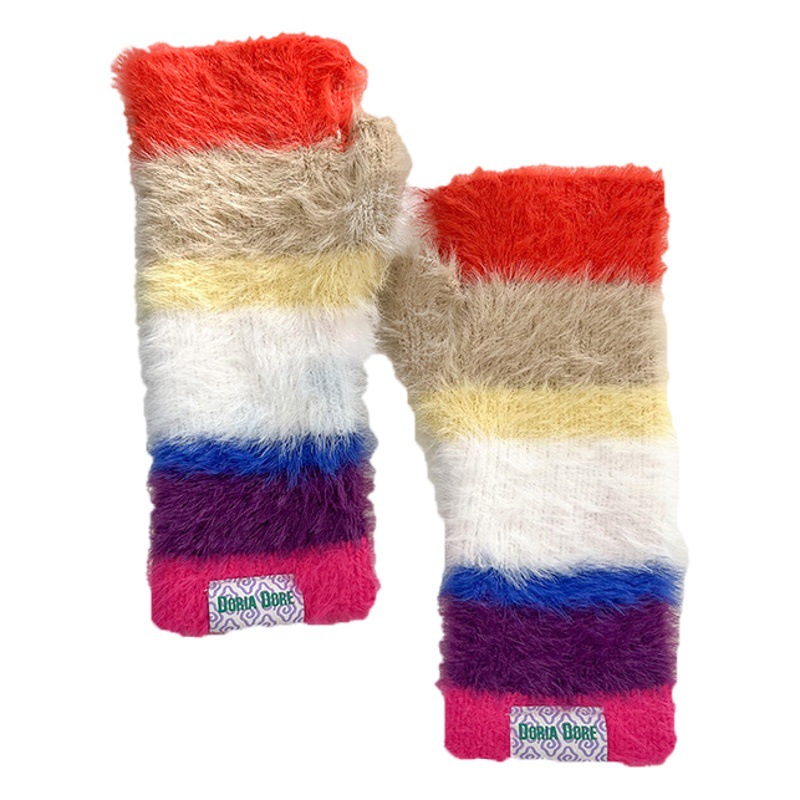 Casual fashion all-match gloves rainbow striped personalized printed winter cold-proof comfortable breathable warm half finger gloves