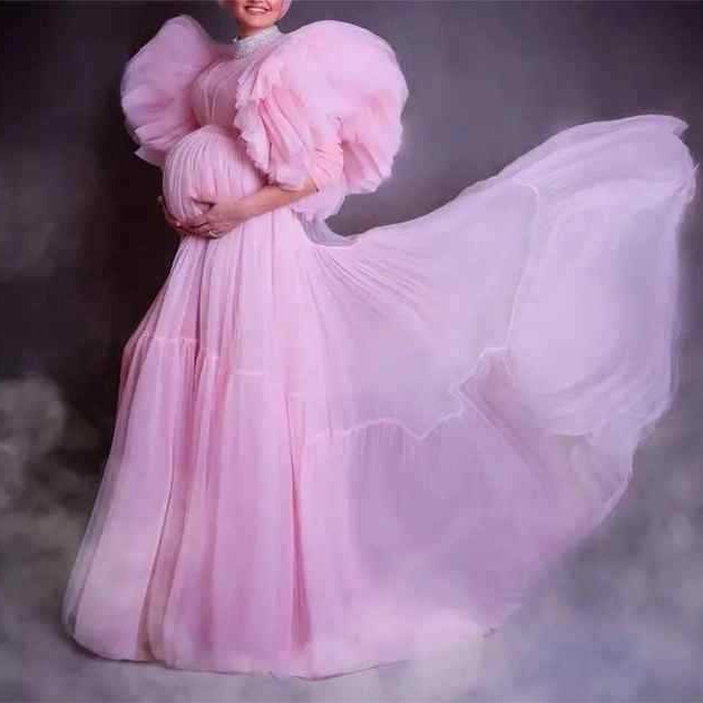 Picture of Hot sale outside the trade color mesh turtleneck multi-layer three-dimensional short sleeve high waist long dress pregnant women plus size dress long skirt