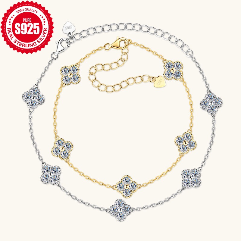 Light Luxury Style Internet Celebrity Four-Leaf Clover Moissanite Bracelet with Elegant and Fashionable Design S925 Silver Five-Flower Hand Jewelry Wholesale