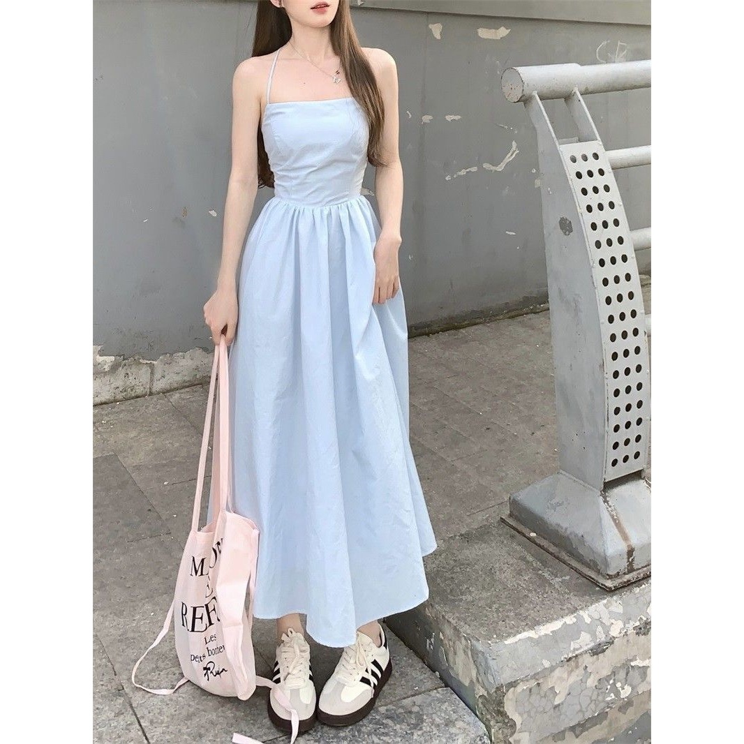Summer 2025 New Pure Desire Blue Suspender Dress Women's Waist Slimming Look Elegant Strappy Backless A-Line Long Skirt