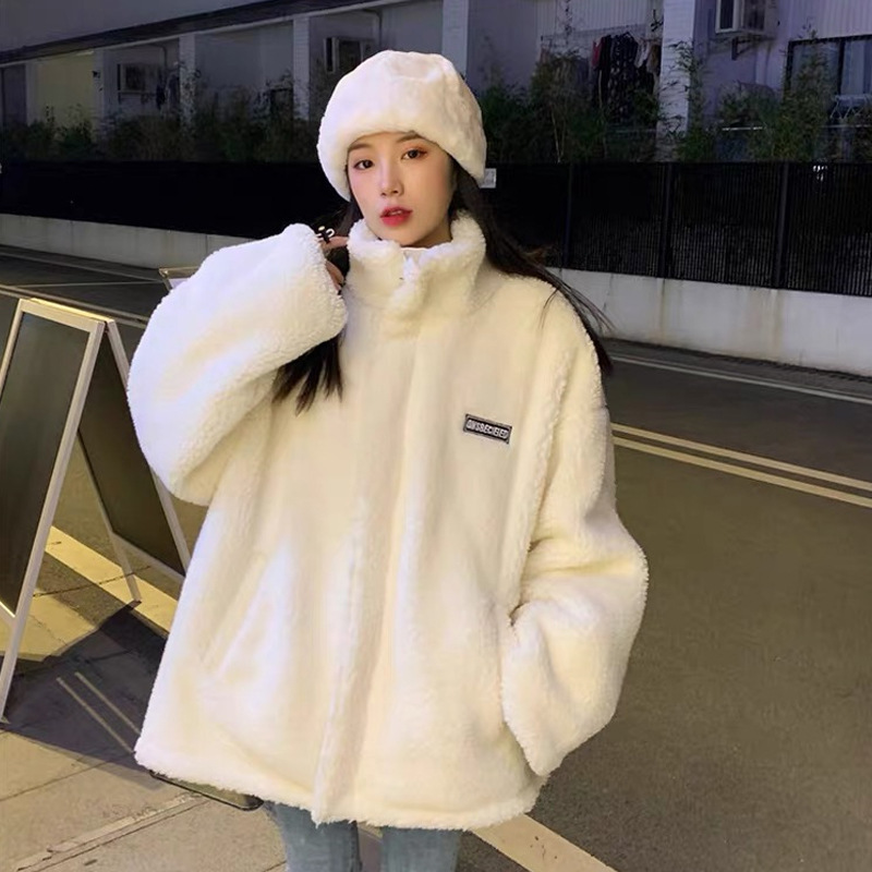 Picture of Vertical Collar Lamb Wool Thickened Letter Cotton-padded Coat Cotton-padded Jacket Women's 2025 Autumn and Winter Loose Korean Style Small Sweatshirt