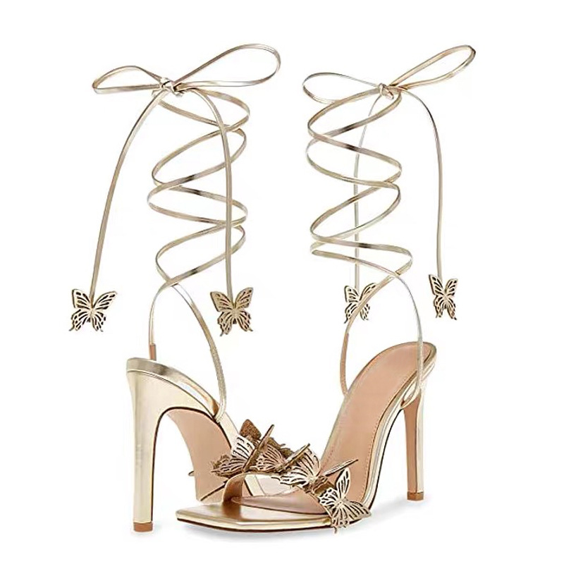 New Square toe sandals three-dimensional butterfly flower sexy gold high heels cross strap Four Seasons high heels