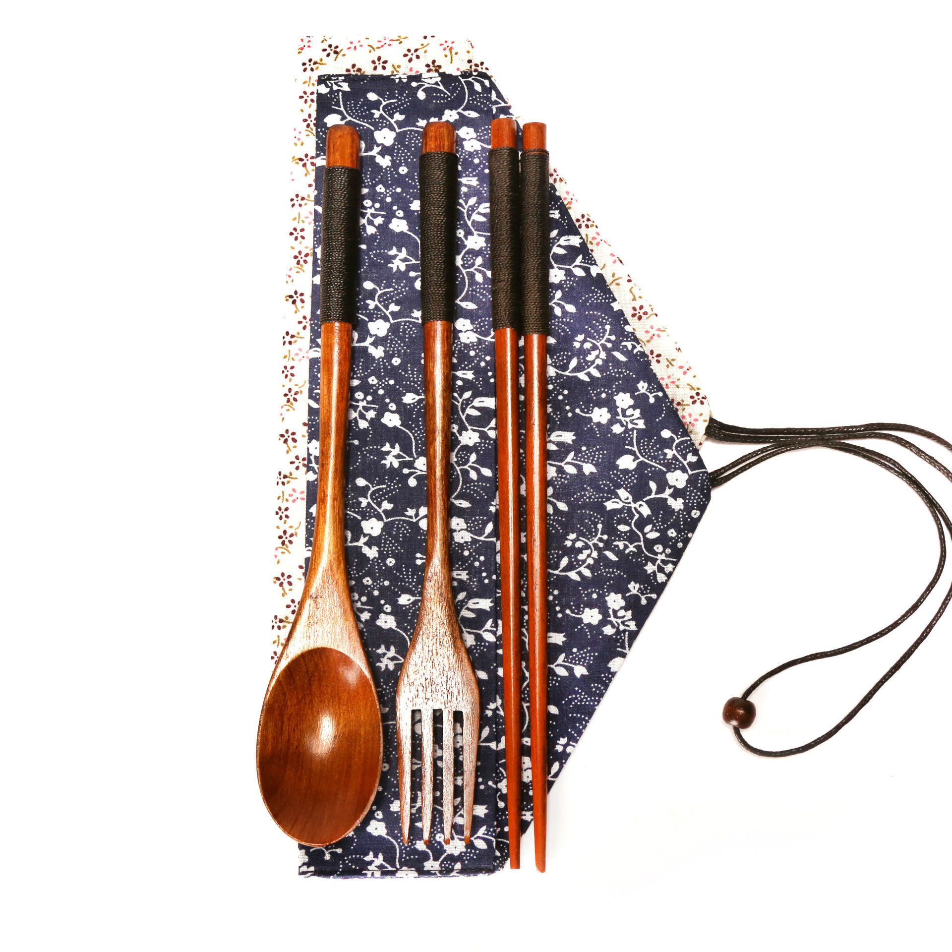 Picture of Japanese Style Wind Wooden Fork Spoon Chopsticks Wooden Bag Chopsticks Spoon Fork Travel Portable Tableware Three-piece Set