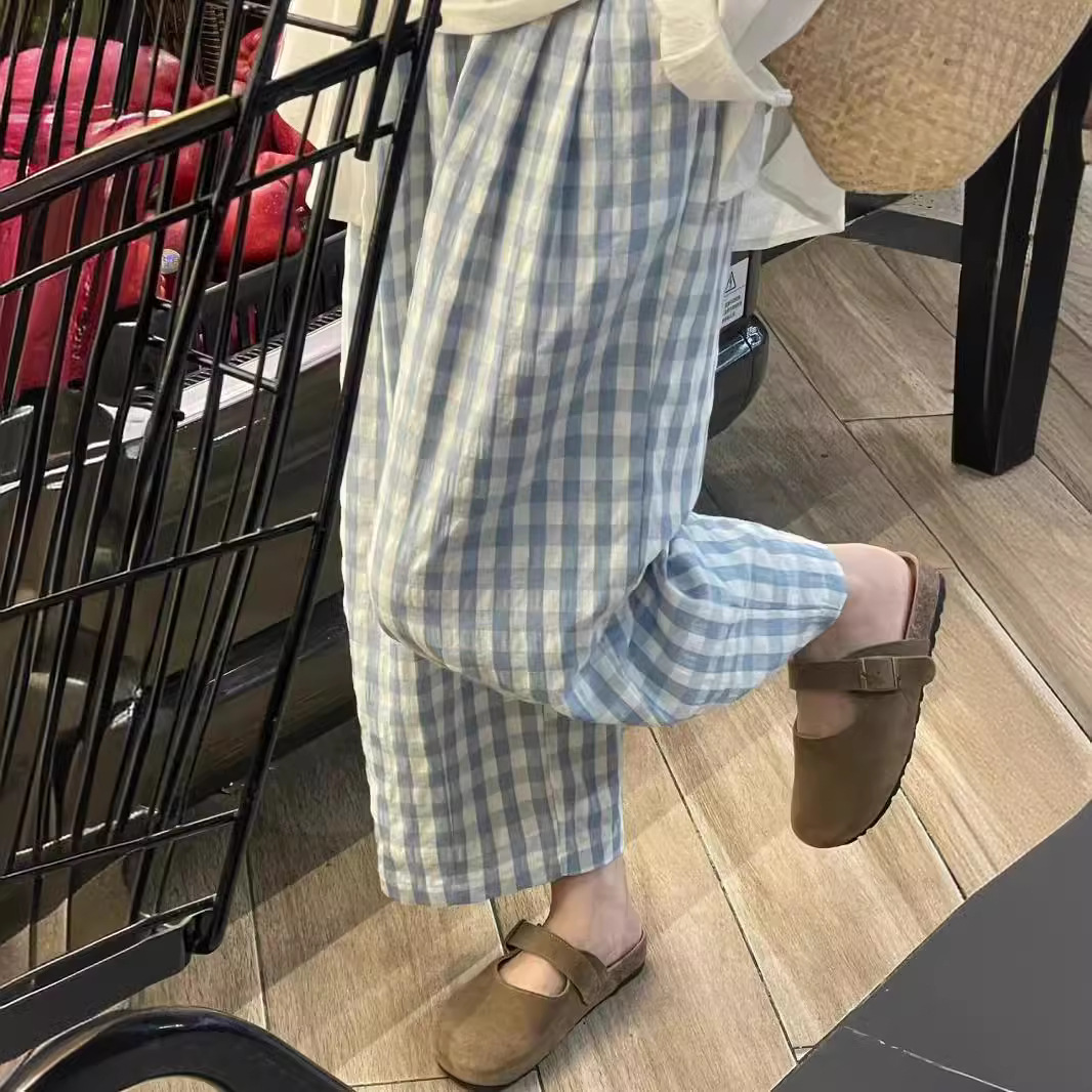 Japanese Style Fresh Plaid Casual Pants with Loose Waist for Small Summer Thin Loose Wide Leg Cropped Pants for Walking Pants