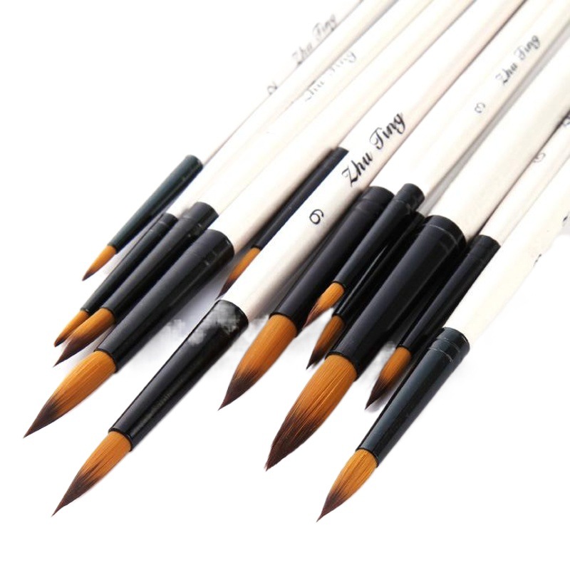 Cross-border 12 Pearl White Rod Pointed Watercolor Brush Brush suit Two-color Nylon Hair Round Peak DIY Propylene Brush