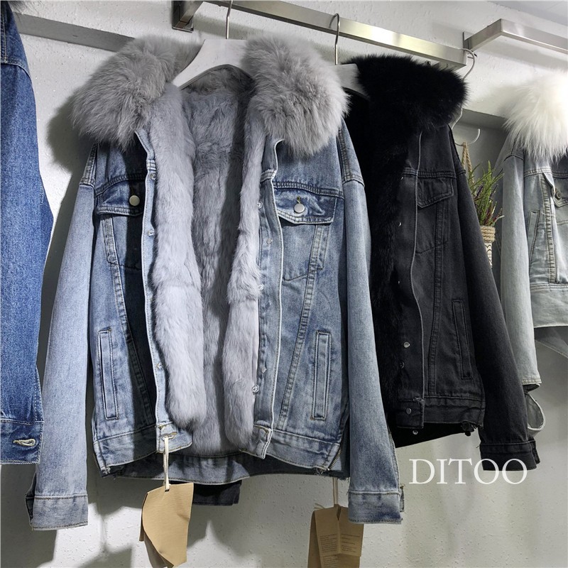 Denim Velvet Coat Women's 2025 Winter New Korean Style Loose Fur Collar Removable Thickened Short Fur Women