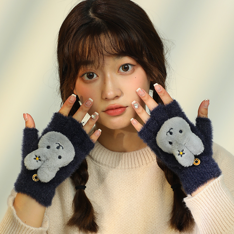 Winter Student Thickened Three-Dimensional Animal Cartoon Knitted Half-Finger Flip-Top Gloves, Casual Versatile Plush Warm Thickened Gloves