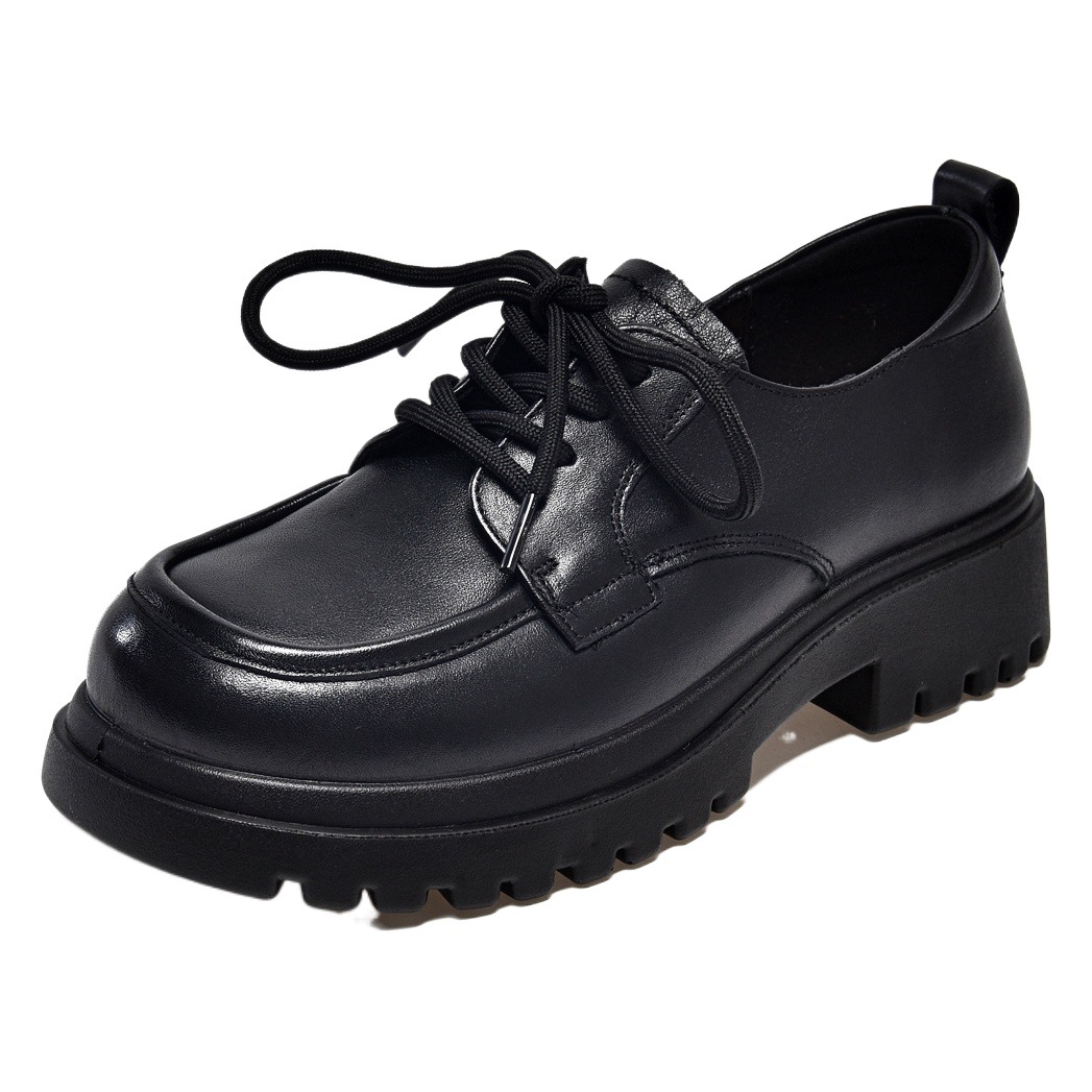 Round toe small leather shoes women's 2024 top layer cowhide lace-up shoes four-season shoes comfortable soft leather loafers entity