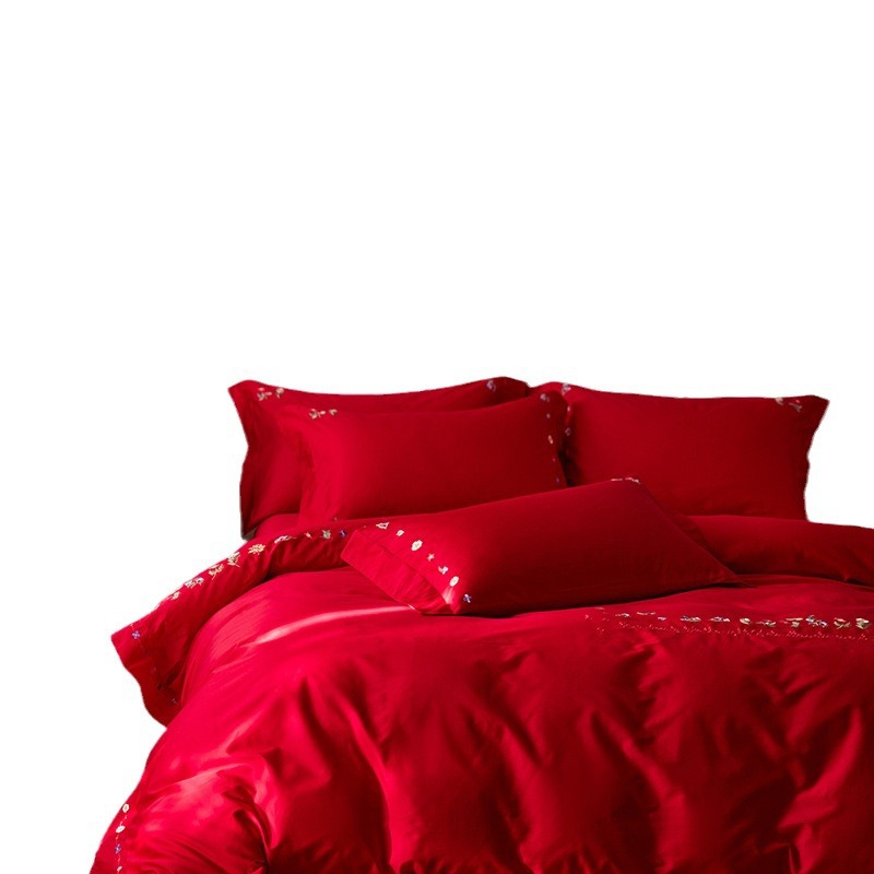 Picture of Flowers bloom and tie wedding class a 60 cotton embroidery red four-piece wedding room bed wedding cotton quilt cover