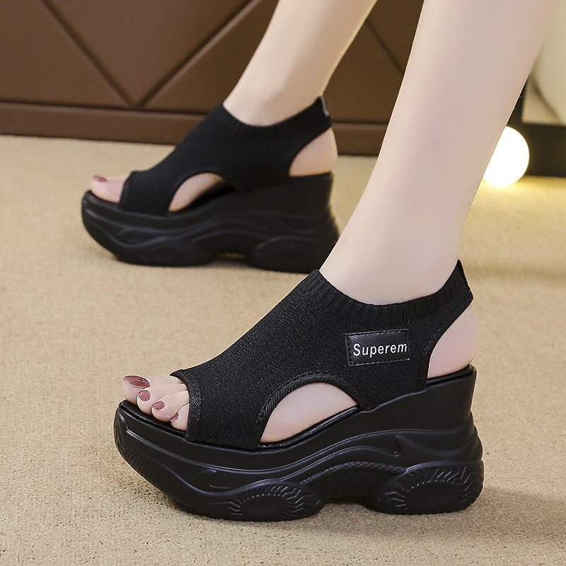 Popular Summer new knitted peep toe shoes fairy style platform high heel flying woven wedge platform Sports women's sandals