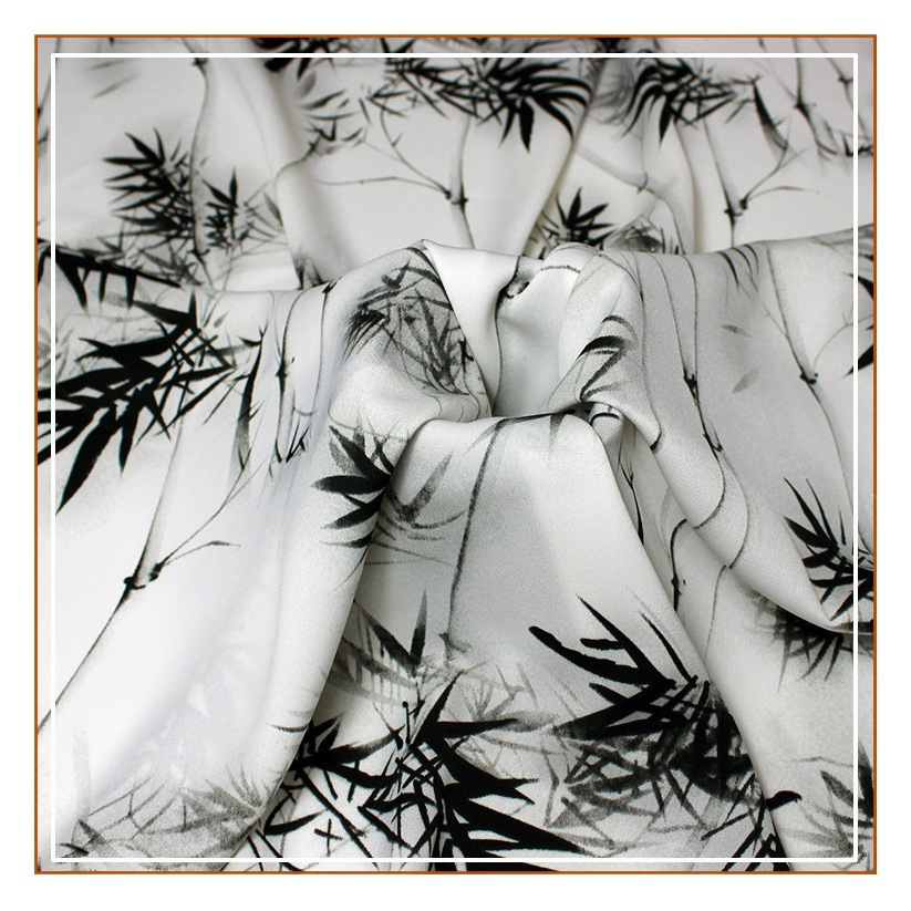 Plain Satin Black and White Bamboo Leaf Print Fabric Suspender Skirt Dress Small Skirt Fabric 2024 Internet Hot Pattern