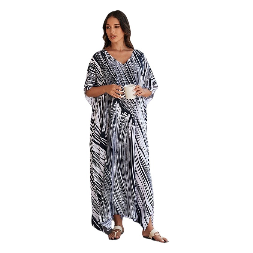 Cross-border European and American rayon tie-dyed beach jumpsuit long dress loose robe bikini swimsuit outer blouse sun protection shirt