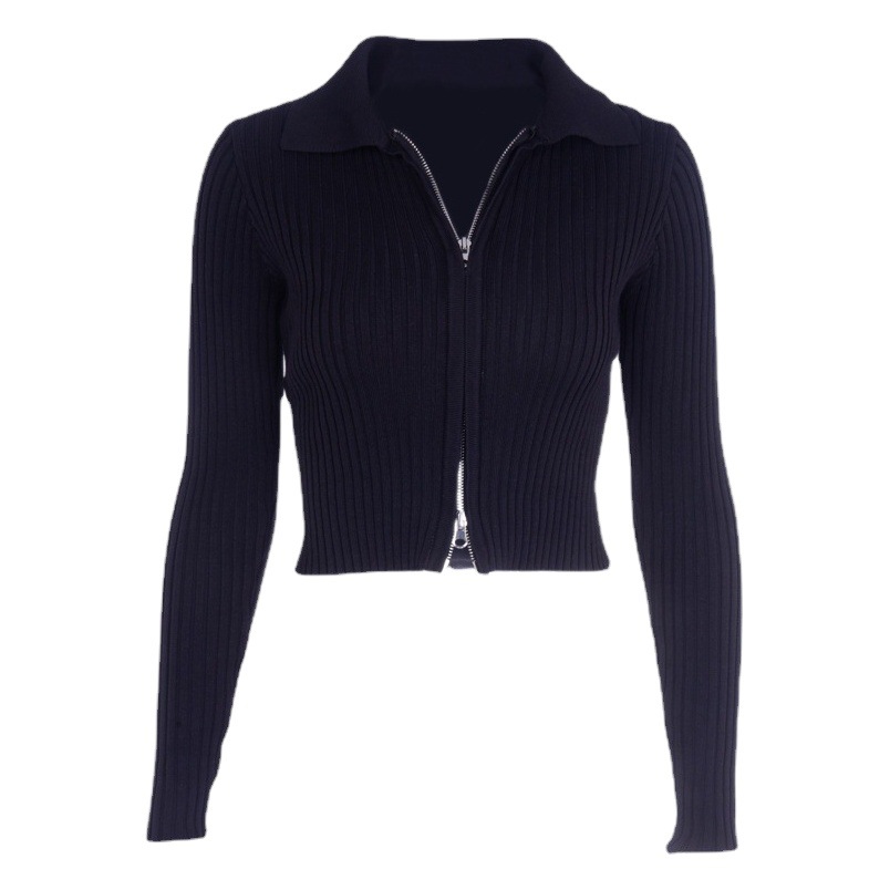 Ins European and American Style Autum New Amazon Popular Pure Color Pit Zipper Lapel Wool Knitwear Women's Cardigan