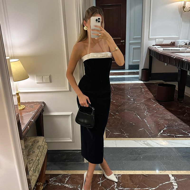 European and American Cross-Border Women's Clothing 2025 Spring and Summer New Fashion Black and White Stitching Sexy Slim Fit Hip-Covering Tube Top Dress