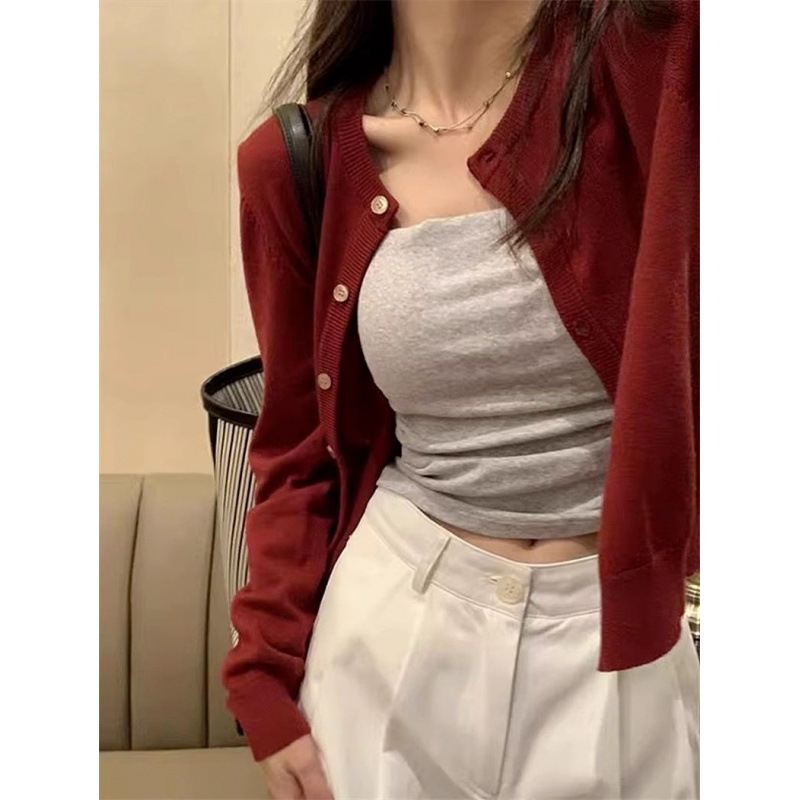 Red Knitted Cardigan Early Autumn Women's New Outfit Short Sweater Coat Long Sleeve Top Base Shirt