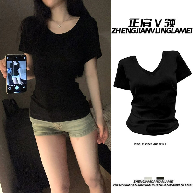 Picture of American Style V-neck Shoulder Pure Black Short-sleeved T-shirt Women's Summer New Slim-fit Spice Girls Niche Slimming All-match Top
