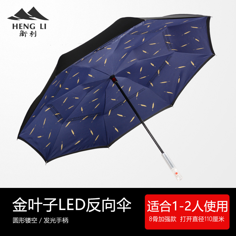 Picture of LED light straight handle reverse umbrella double-layer sun umbrella flip-free reverse umbrella car umbrella logo business gift umbrella