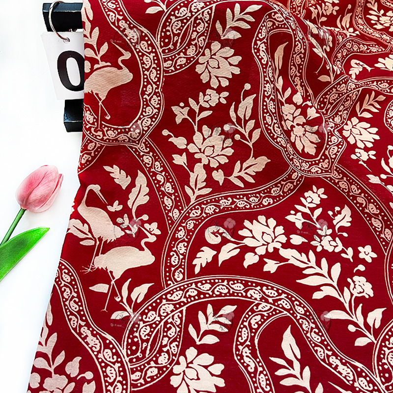 Vermilion Background Crane Shadow New Chinese Style Qipao Dress Top Hanfu Fabric Digital Printed Fabric Brocade Cotton Fabric