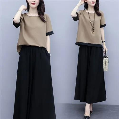 Suit Women's Summer Dress Large Size Loose Chubby Girl Middle-aged Mom Age-reducing Fashionable Stylish Belly Covering Wide Leg Pants and Skirt Two-piece Suit