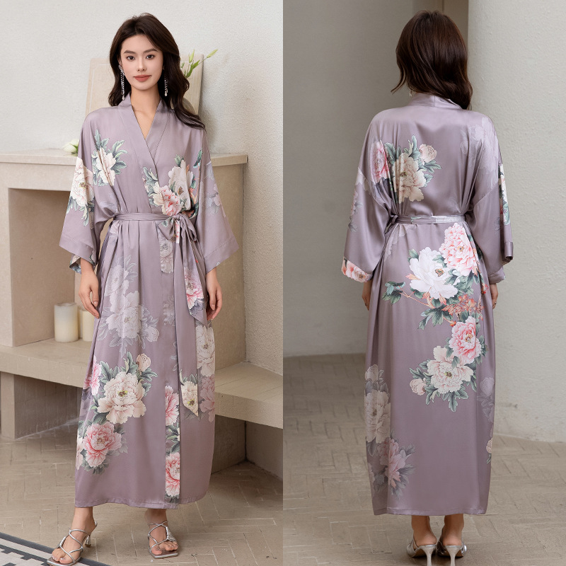 Picture of Yaoting Satin Printed Pajamas for Women Summer Large Size Accessible Luxury Three-Quarter Sleeves Cool Long Nightgown Home Wear Women Wp2669