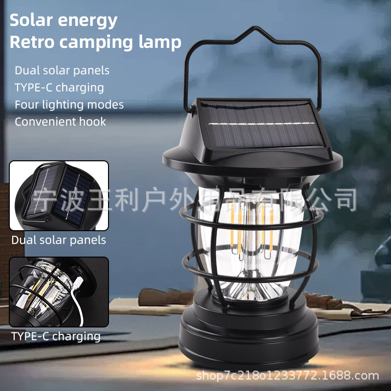 Cross-border new solar camping light outdoor waterproof garden light Type-c rechargeable household outdoor camping light