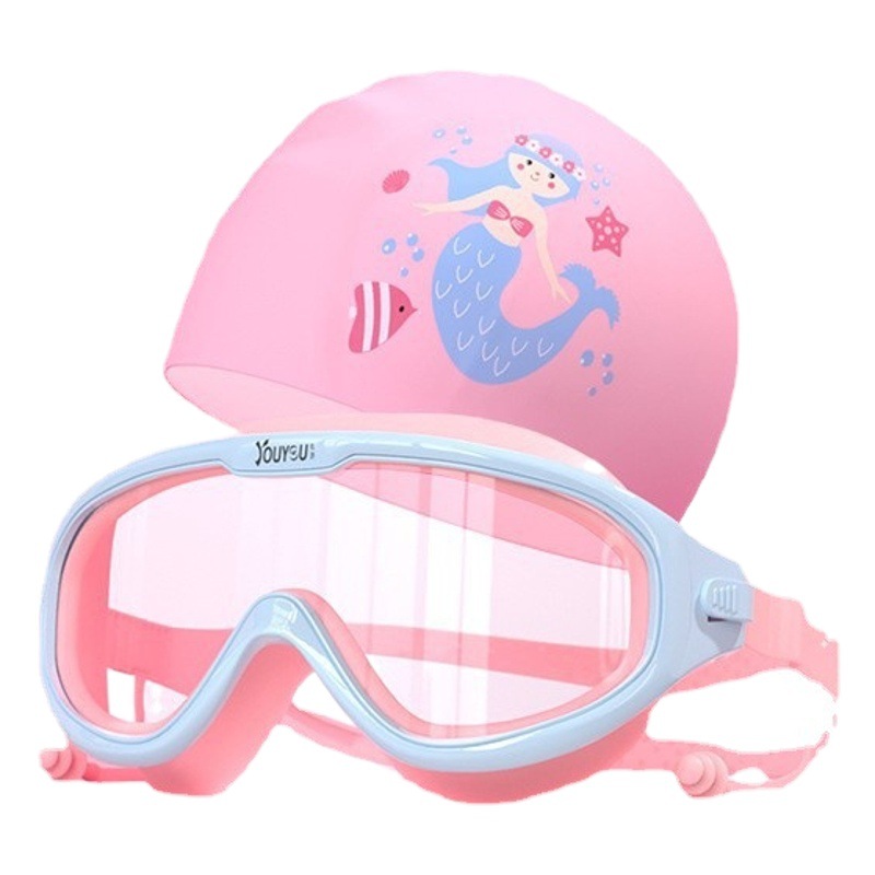 Youyou children's swimming goggles waterproof anti-fog large frame swimming glasses boys and girls professional diving goggles swimming cap set equipment