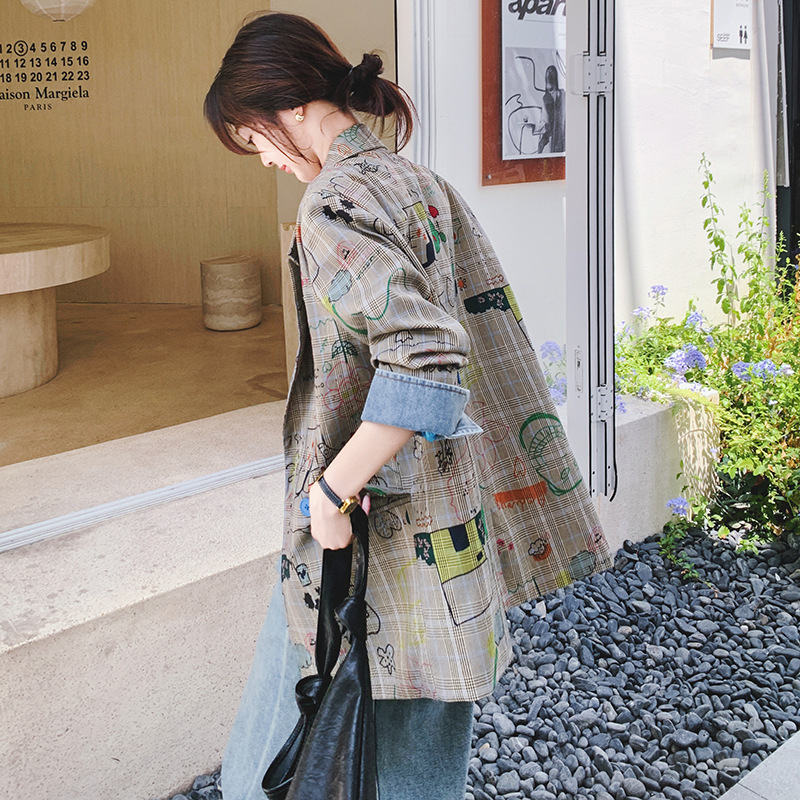 Gray Plaid Blazer for Women Spring & Fall 2025 New Design Street Loose Casual Graffiti Printed Suit