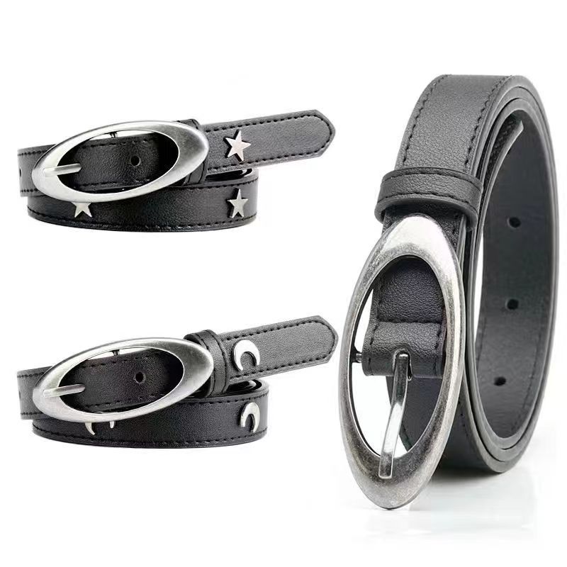 Belt for Women, Decorative, Versatile Star Rivets, Oval Distressed Design, Niche Trouser Belt, High-End Belt, Drop Shipping