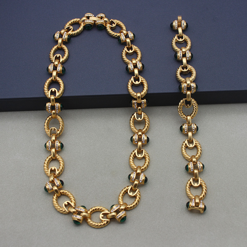 Middle Ancient Vintage Unmarked Jijia Green Glaze Bracelet Necklace suit Loop Link Middle Ancient suit