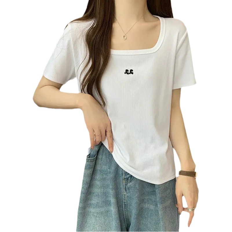 Square Collar Shoulder T-Shirt Women's Embroidered Niche Design Short Sleeve 2024 Summer Slim-fit Slimming Top Base Shirt for Women