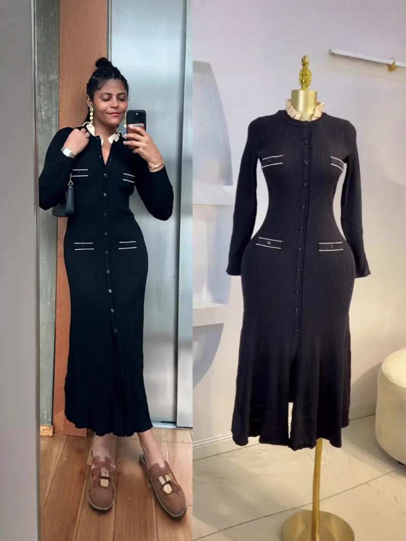 French-Style Cross-Border New Elegant Design Dress with Lace Collar, Black Long Slim-Fit Slimming Knit Dress