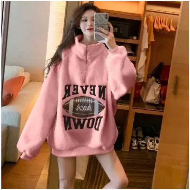 Picture of Lamb Plush Sweatshirt Women's Autumn and Winter Korean-style All-match fleece-lined Thickened Loose Mid-length Student Coat Ins Trendy