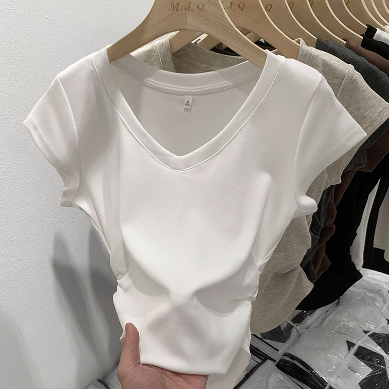 Y2K Sexy Style Short-Sleeved T-Shirt for Women V Neck Right Shoulder Slim Fit 2025 Summer New Design Short Top
