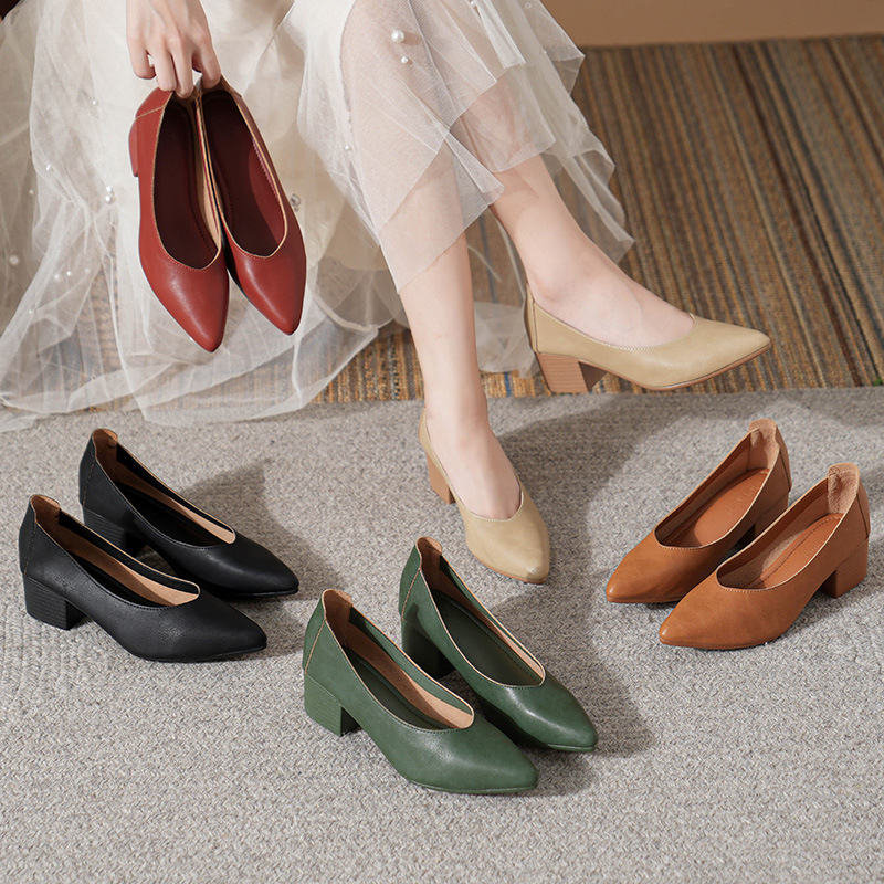 Genuine Leather Granny Shoes Thick Heel Pointed Toe Flats Women's Medium Heel 2024 New Spring & Fall Versatile Soft Leather Shallow Mouth High Heels