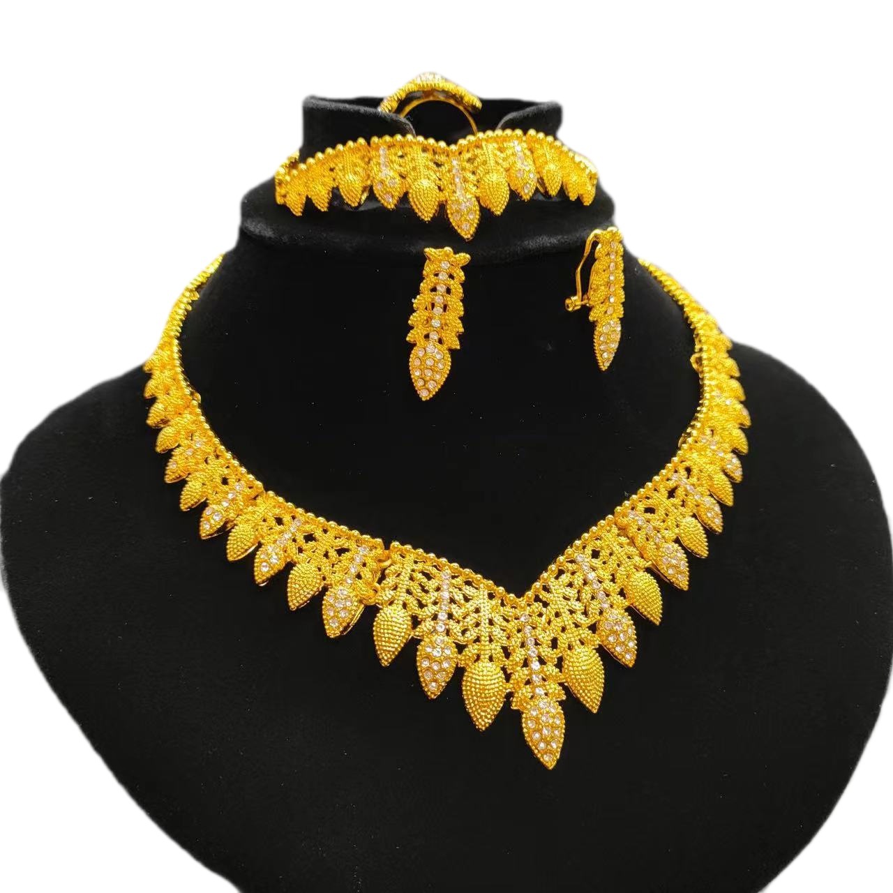 24K Gold Plated Necklace Earrings Ring Bracelet set Middle East Dubai India Nigeria Bride chain set