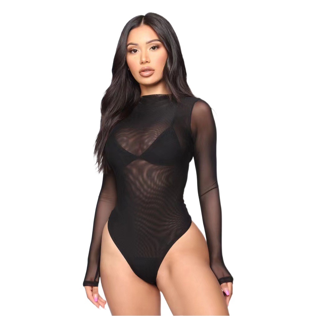 2023 Summer European and American sexy tight one-piece base bikini temptation perspective net long sleeve beach party swimsuit