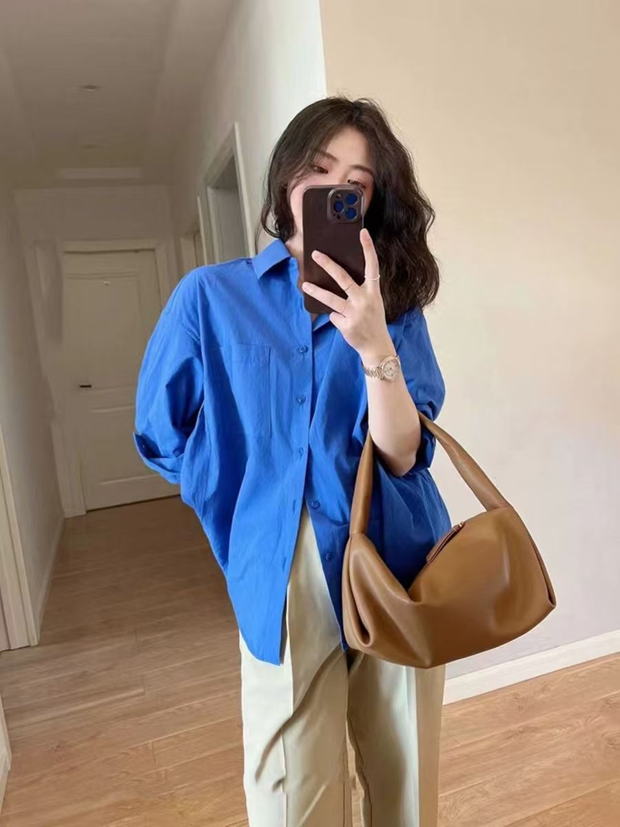 Commuting Chic High-end Klein Blue Shirt 2025 Spring Design Sense Niche Long-sleeved Stacked Inner Top