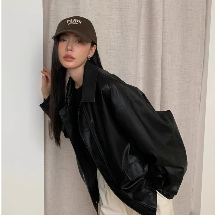 Picture of American Retro Brown Motorcycle Leather Tops Women's 2023 Autumn New Korean Style Leather Tops Top Cross-Border Wholesale