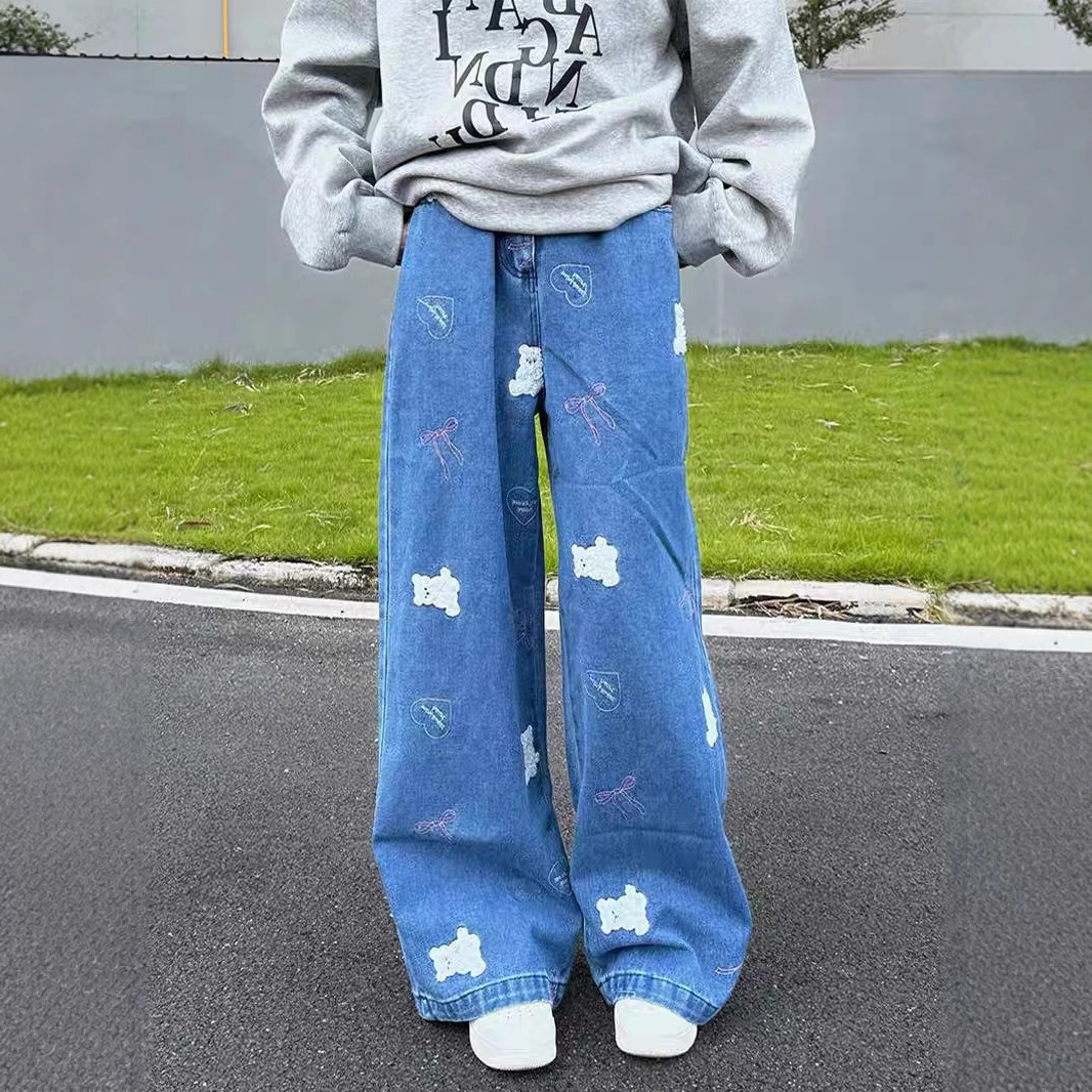 American Style Vintage Bear Tape Embroidered Wide Leg Jeans Women's Autumn and Winter New Loose Slimming Straight Pants