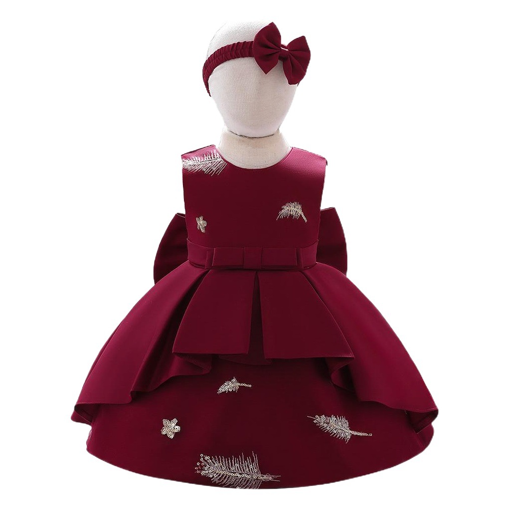 Foreign trade source children's dress feather embroidery girl birthday party one-year-old baby girl big bow princess dress